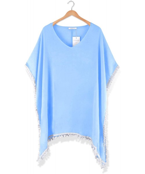 Cover-Ups Women's Pom Pom Trim Kaftan Chiffon Swimwear Beach Cover Up - 01_sky Blue - CC190HYEYRH