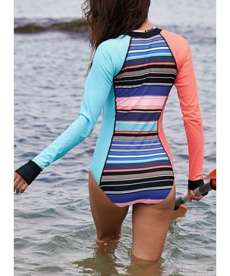 One-Pieces Womens Zip Front Printed Half Sleeve/Long Sleeve One Piece Swimsuit Swimwear - Y-multicoloured-979 - CP18QIRKTCL