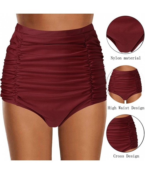 Bottoms Women High Waisted Bikini Swim Pants Shorts Bottom Ruched Swimsuit Swimwear Bathing Bikini Briefs - Red - CF196WRZQGE