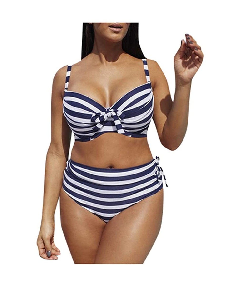 Sets Large Size Women's Stripe Bikini Set Swimsuit Sexy Casual Low Waist Bikini - Blue - CT194667AYC