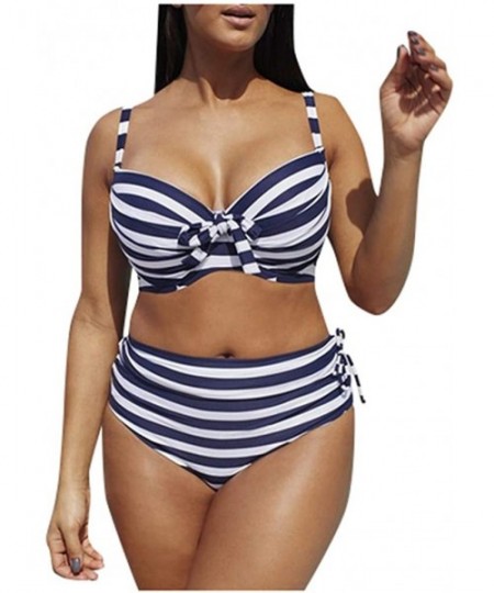 Sets Large Size Women's Stripe Bikini Set Swimsuit Sexy Casual Low Waist Bikini - Blue - CT194667AYC