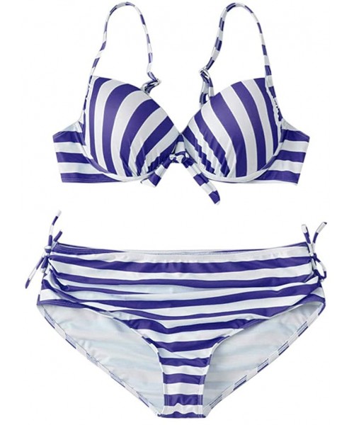 Sets Large Size Women's Stripe Bikini Set Swimsuit Sexy Casual Low Waist Bikini - Blue - CT194667AYC