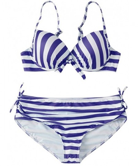 Sets Large Size Women's Stripe Bikini Set Swimsuit Sexy Casual Low Waist Bikini - Blue - CT194667AYC