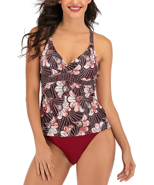 Cover-Ups Women Fashion Tankini Bikini Summer Beach Two Pieces Swimsuit Cover Up Red Floral Back Cross Top Wine Red Bottom - ...