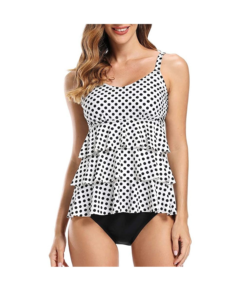 Sets Women's Tiered Ruffle Tankini Set Flounce Two Pieces Swimwear Bathing Suit - Polka Dot - CK1929QZ53E