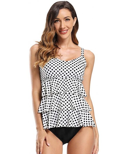 Sets Women's Tiered Ruffle Tankini Set Flounce Two Pieces Swimwear Bathing Suit - Polka Dot - CK1929QZ53E