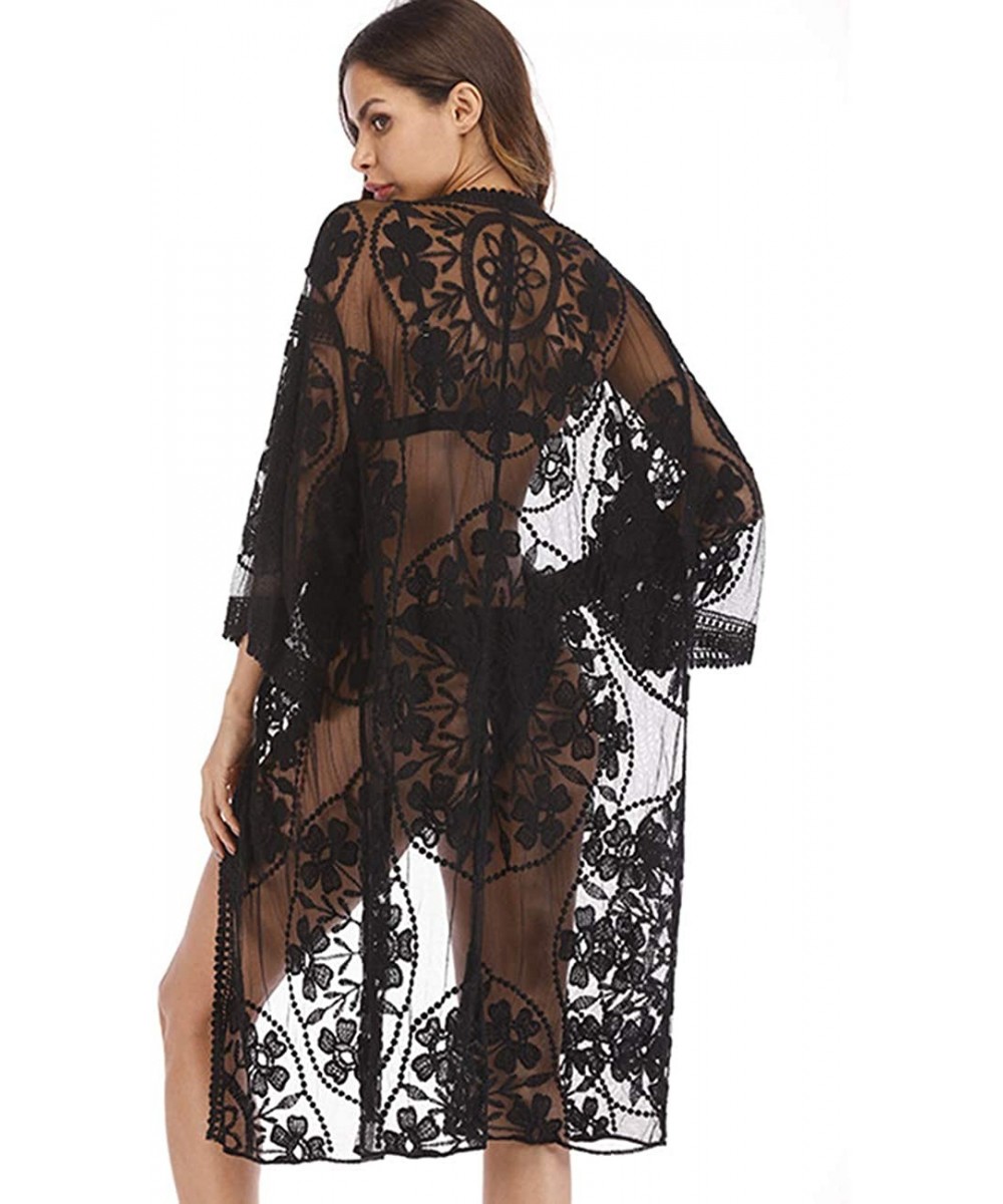 Cover-Ups Women's Lace Cardigan Floral Crochet Sheer Beach Cover Ups Long Open Kimono - Black2 - C519600MX39