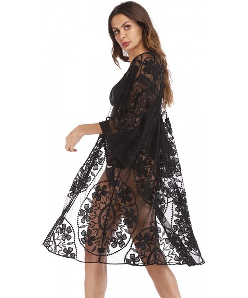 Cover-Ups Women's Lace Cardigan Floral Crochet Sheer Beach Cover Ups Long Open Kimono - Black2 - C519600MX39