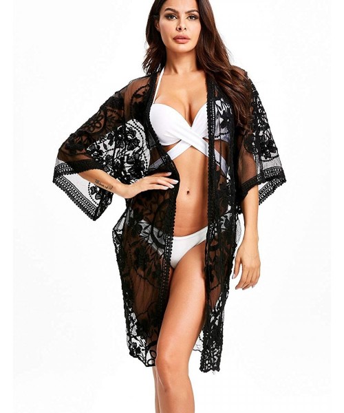 Cover-Ups Women's Lace Cardigan Floral Crochet Sheer Beach Cover Ups Long Open Kimono - Black2 - C519600MX39