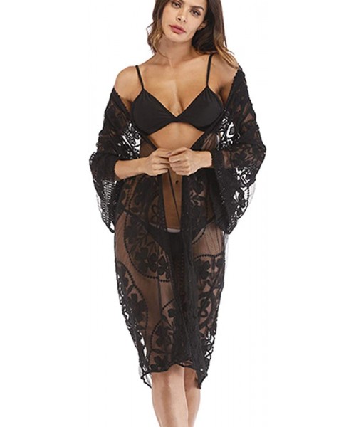 Cover-Ups Women's Lace Cardigan Floral Crochet Sheer Beach Cover Ups Long Open Kimono - Black2 - C519600MX39