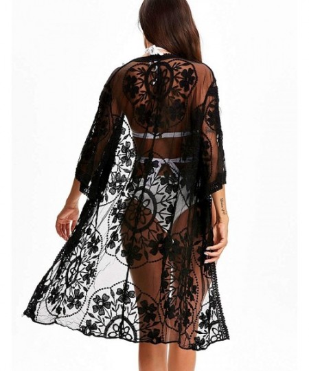 Cover-Ups Women's Lace Cardigan Floral Crochet Sheer Beach Cover Ups Long Open Kimono - Black2 - C519600MX39