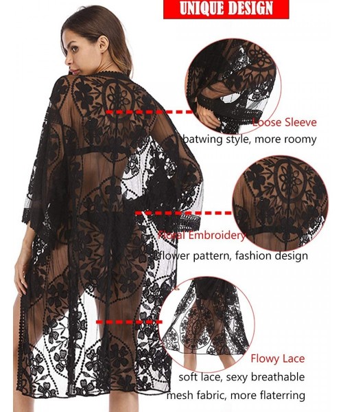 Cover-Ups Women's Lace Cardigan Floral Crochet Sheer Beach Cover Ups Long Open Kimono - Black2 - C519600MX39