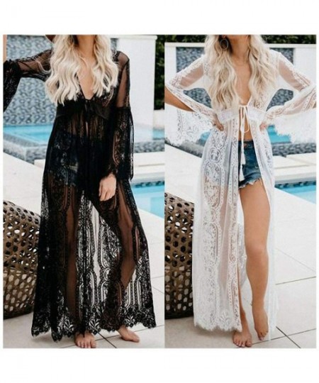 Cover-Ups Women's Sexy Beach Bikini Cover up Long Lace Dresses Summer Crochet Maxi Dress Swimwear Outwear Dress - White - CZ1...