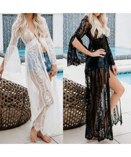 Cover-Ups Women's Sexy Beach Bikini Cover up Long Lace Dresses Summer Crochet Maxi Dress Swimwear Outwear Dress - White - CZ1...