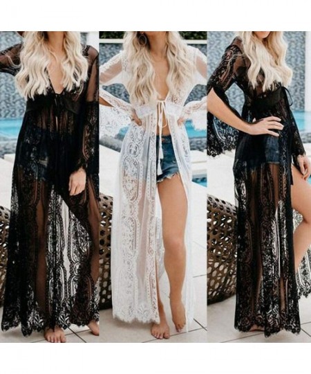 Cover-Ups Women's Sexy Beach Bikini Cover up Long Lace Dresses Summer Crochet Maxi Dress Swimwear Outwear Dress - White - CZ1...