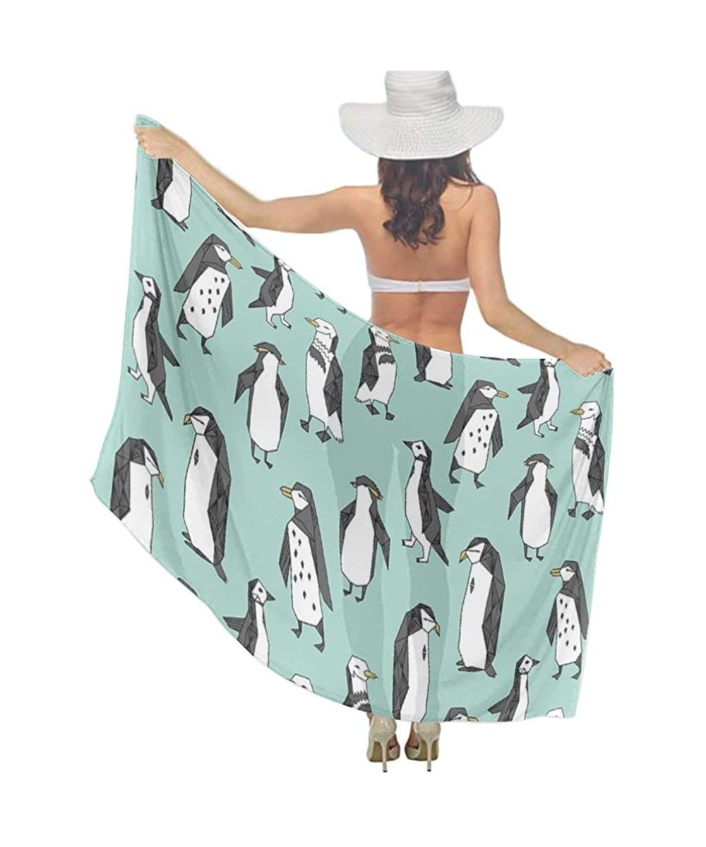 Cover-Ups Women Girl Fashion Chiffon Scarf Bikini Cover Up Summer Beach Sarong Wrap - Walking Proud Penguin Mint Green - CG19...