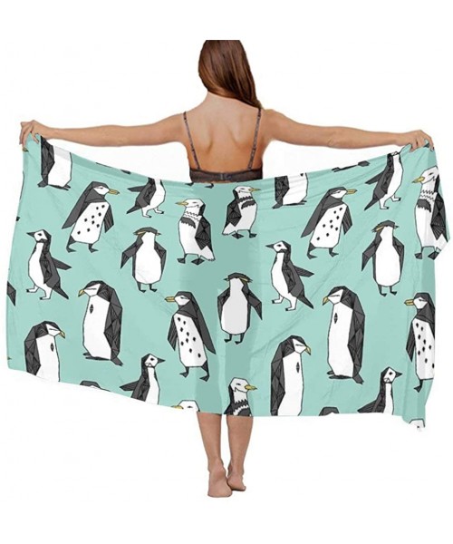 Cover-Ups Women Girl Fashion Chiffon Scarf Bikini Cover Up Summer Beach Sarong Wrap - Walking Proud Penguin Mint Green - CG19...