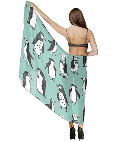 Cover-Ups Women Girl Fashion Chiffon Scarf Bikini Cover Up Summer Beach Sarong Wrap - Walking Proud Penguin Mint Green - CG19...