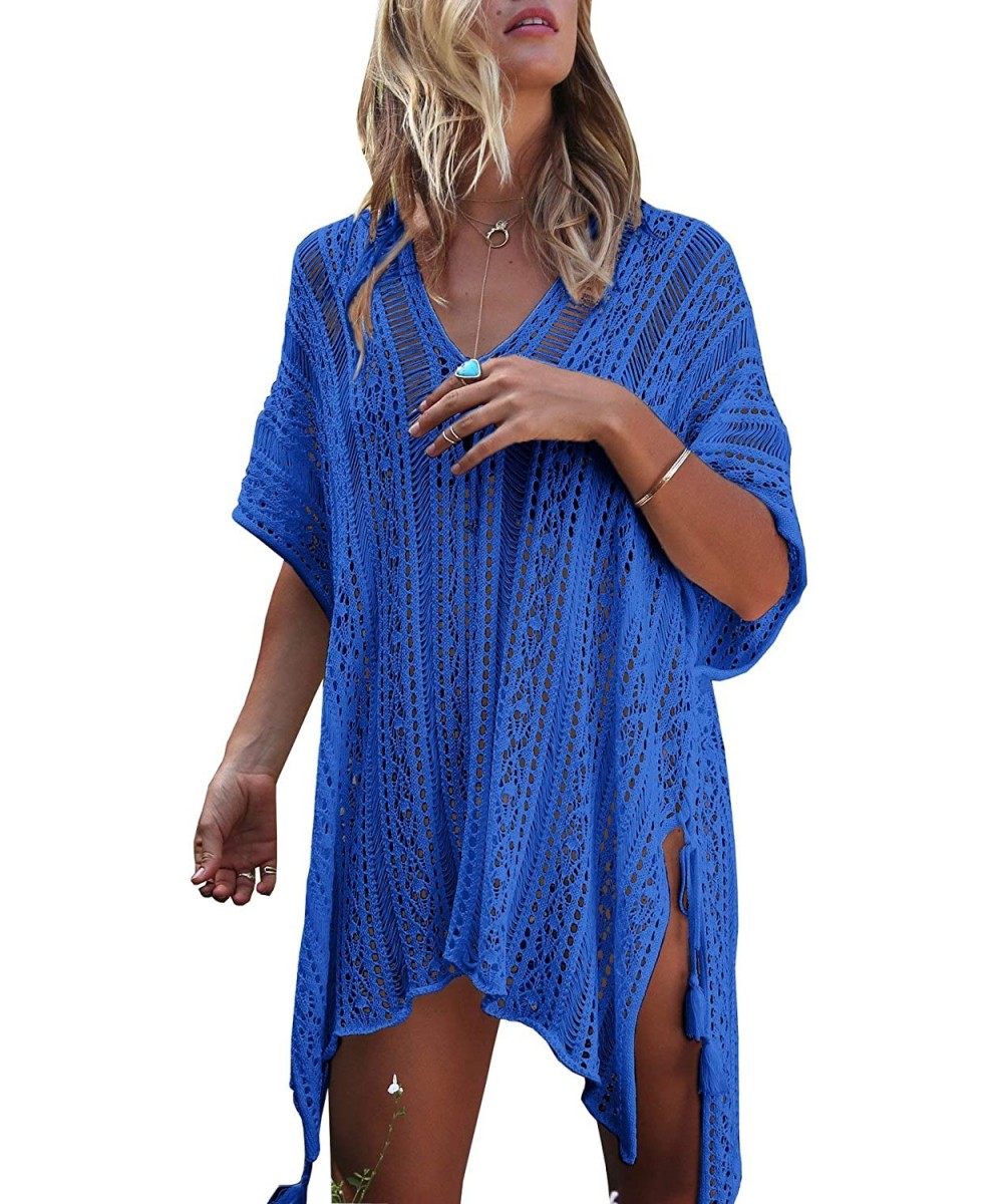 Cover-Ups Beach Swimsuit for Women Sleeve Coverups Bikini Cover Up Net - Slit Blue - CL19CZHREYR