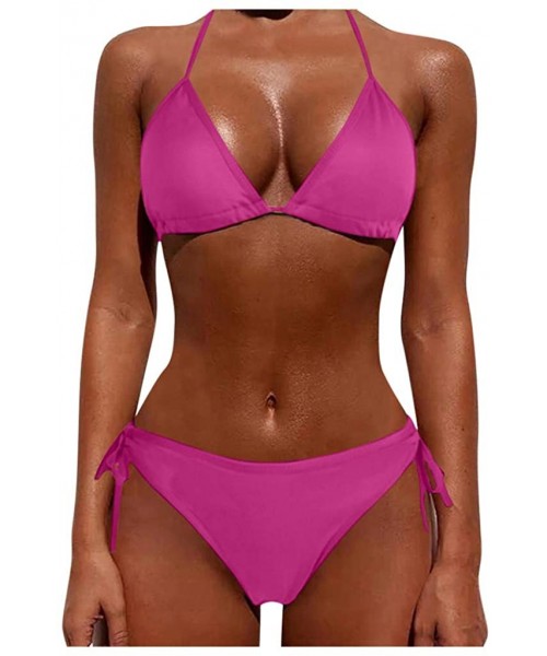 Sets Women Tie Side Bottom Padded Top Triangle Bikini String Beach Bathing Suit Two Piece Swimsuit - Hot Pink - CW196OYCG8X