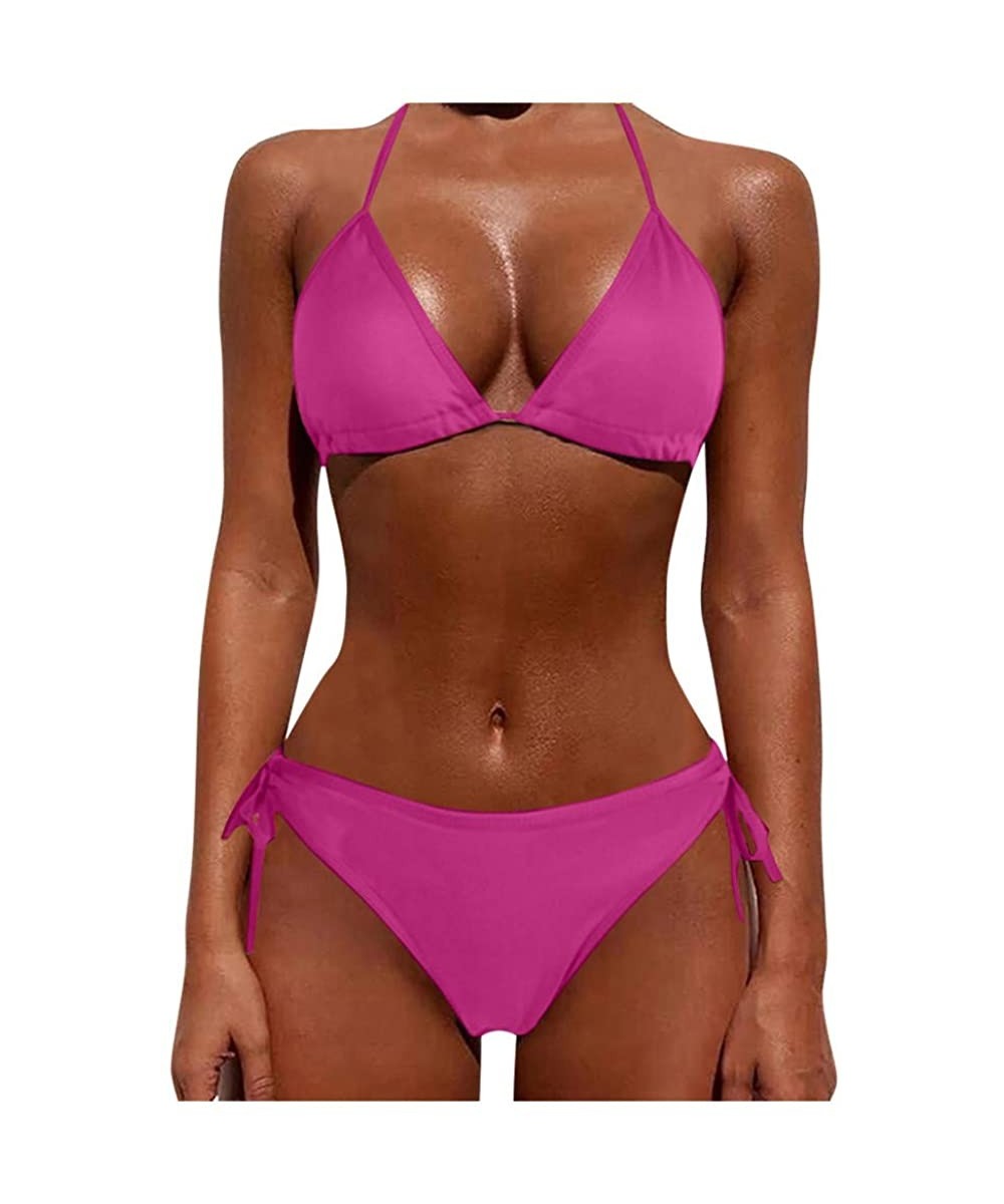 Sets Women Tie Side Bottom Padded Top Triangle Bikini String Beach Bathing Suit Two Piece Swimsuit - Hot Pink - CW196OYCG8X