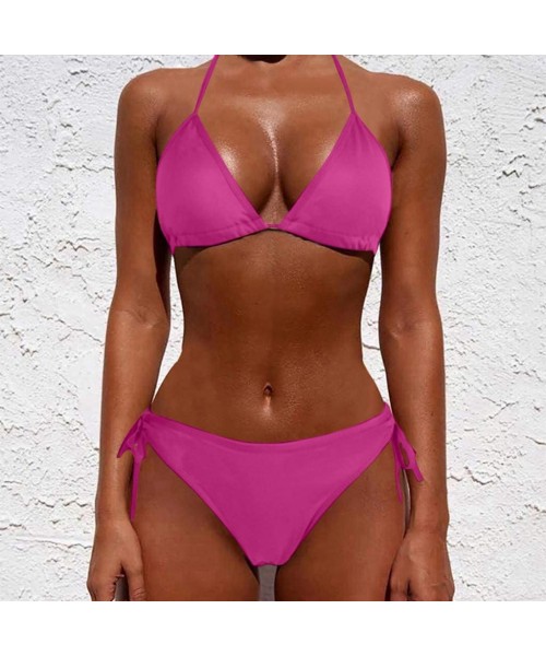 Sets Women Tie Side Bottom Padded Top Triangle Bikini String Beach Bathing Suit Two Piece Swimsuit - Hot Pink - CW196OYCG8X