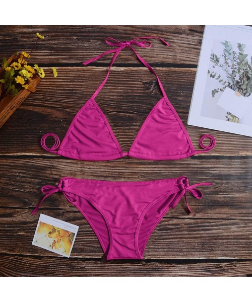 Sets Women Tie Side Bottom Padded Top Triangle Bikini String Beach Bathing Suit Two Piece Swimsuit - Hot Pink - CW196OYCG8X