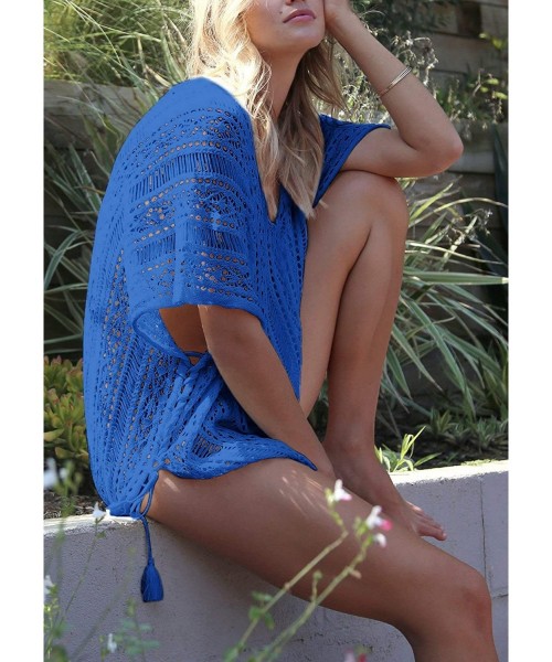 Cover-Ups Beach Swimsuit for Women Sleeve Coverups Bikini Cover Up Net - Slit Blue - CL19CZHREYR