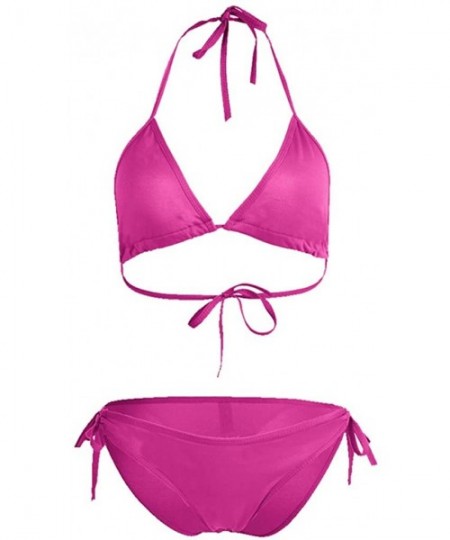 Sets Women Tie Side Bottom Padded Top Triangle Bikini String Beach Bathing Suit Two Piece Swimsuit - Hot Pink - CW196OYCG8X