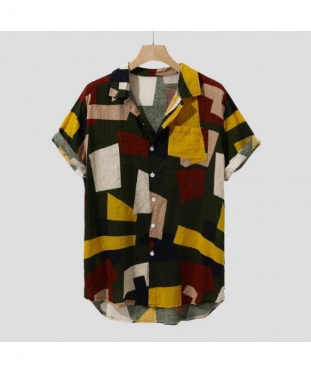 Rash Guards Mens Top Contrast Color Geometric Printed Turn Down Collar Short Sleeve Loose Shirts - H_yellow - C4193ZKOQOZ