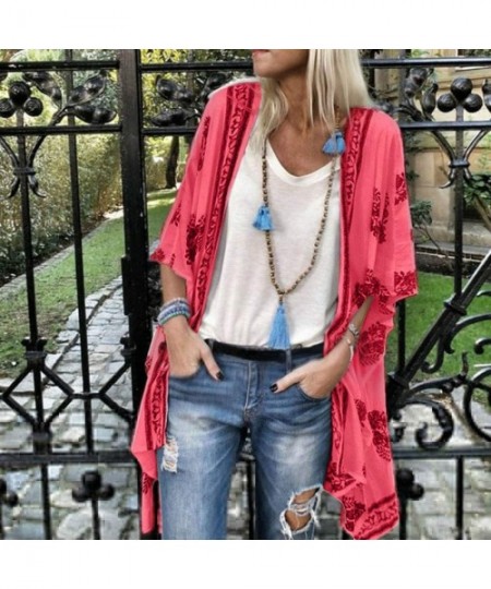 Cover-Ups Womens Kimono Cardigan- Boho Loose Half Sleeve Cover Up Smock Tops Blouses - Red - C318TQDWA89