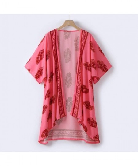 Cover-Ups Womens Kimono Cardigan- Boho Loose Half Sleeve Cover Up Smock Tops Blouses - Red - C318TQDWA89