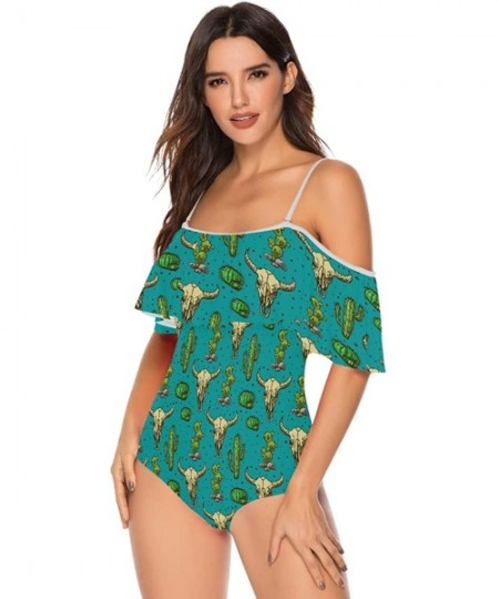 One-Pieces Angelfish Triggerfish Women One Piece Flounce Swimsuit Off Shoulder Bikini - Cactus and Skull of Bull - CX18UA5LTSI