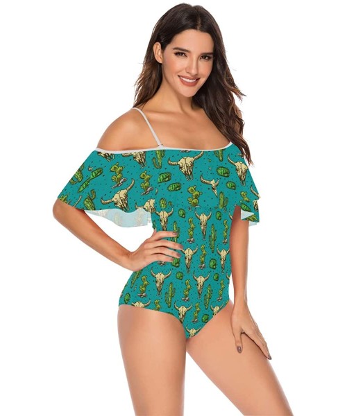 One-Pieces Angelfish Triggerfish Women One Piece Flounce Swimsuit Off Shoulder Bikini - Cactus and Skull of Bull - CX18UA5LTSI