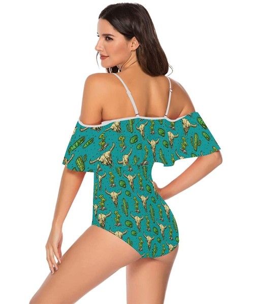 One-Pieces Angelfish Triggerfish Women One Piece Flounce Swimsuit Off Shoulder Bikini - Cactus and Skull of Bull - CX18UA5LTSI