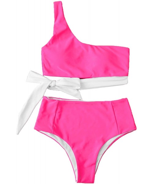 Sets Women's 2 Pieces Mesh One Shoulder Top with High Waist Bikini Set - Hot Pink-2 - CK199KXZQAX