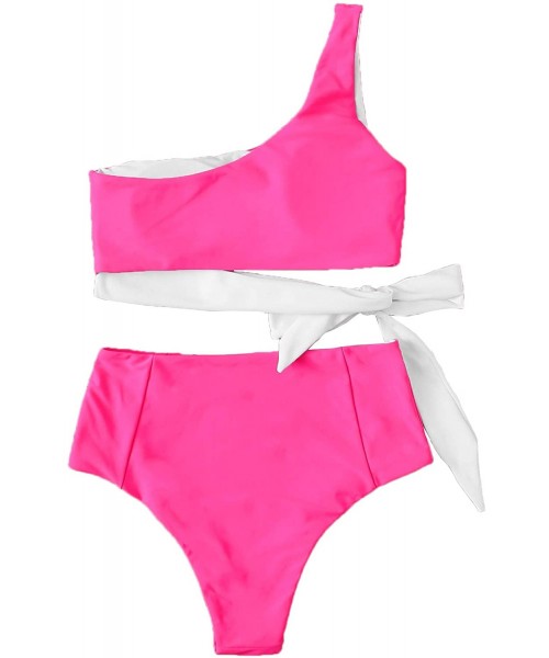 Sets Women's 2 Pieces Mesh One Shoulder Top with High Waist Bikini Set - Hot Pink-2 - CK199KXZQAX