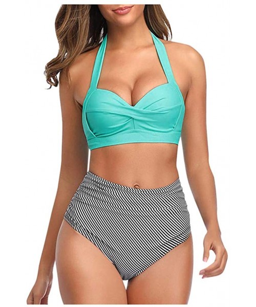 Sets Women's Vintage Swimsuit Two Piece Retro Halter Ruched High Waist Padded Print Bikini Swimwear Bathing Suits - Sky Blue ...