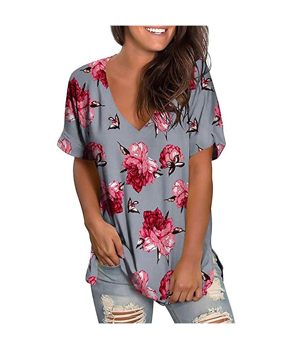 Board Shorts Womens Summer Short Sleeve T Shirts V Neck Tunic Roll Up Tops Cute Tees Loose Fitted Henley Workout Shirts - Gra...