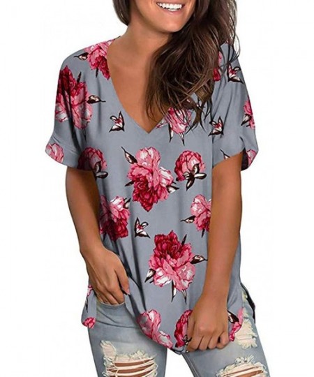 Board Shorts Womens Summer Short Sleeve T Shirts V Neck Tunic Roll Up Tops Cute Tees Loose Fitted Henley Workout Shirts - Gra...