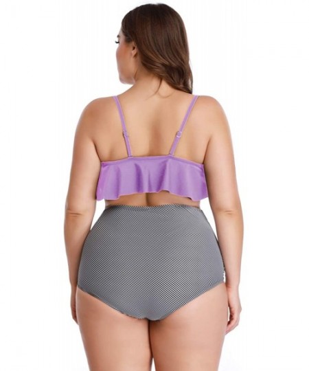 Sets Women Plus Size Flounce Bikini High Waist Ruffled Tummy Control Two Piece Swimwear - Purple - CQ18SO43NZ3