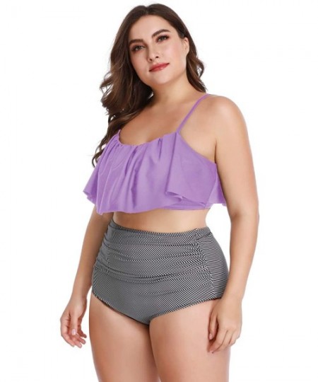 Sets Women Plus Size Flounce Bikini High Waist Ruffled Tummy Control Two Piece Swimwear - Purple - CQ18SO43NZ3