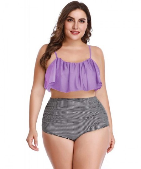 Sets Women Plus Size Flounce Bikini High Waist Ruffled Tummy Control Two Piece Swimwear - Purple - CQ18SO43NZ3