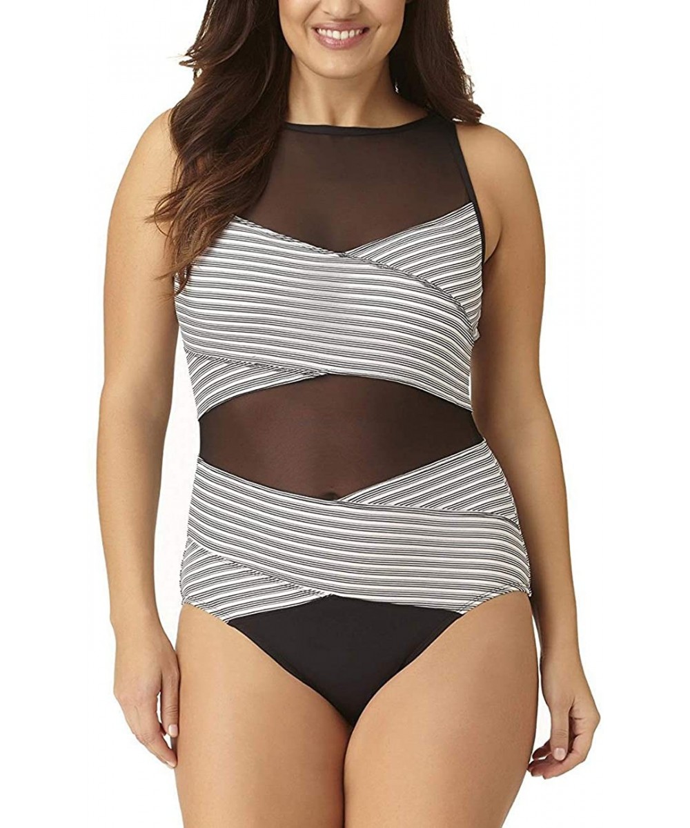 One-Pieces Women Plus Size Swimwear high Waisted Swimsuit Tummy Control Bikini Tankini(FBA) - Gray White Stripe One Piece - C...