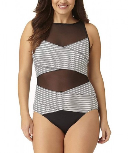 One-Pieces Women Plus Size Swimwear high Waisted Swimsuit Tummy Control Bikini Tankini(FBA) - Gray White Stripe One Piece - C...