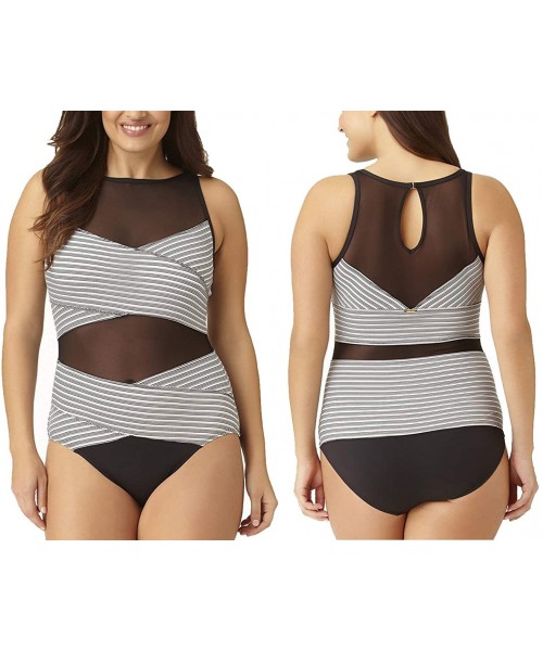 One-Pieces Women Plus Size Swimwear high Waisted Swimsuit Tummy Control Bikini Tankini(FBA) - Gray White Stripe One Piece - C...