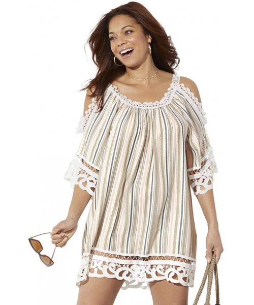 Cover-Ups Women's Plus Size Vera Crochet Cold Shoulder Cover Up Dress - Stripe - C6196XG325E