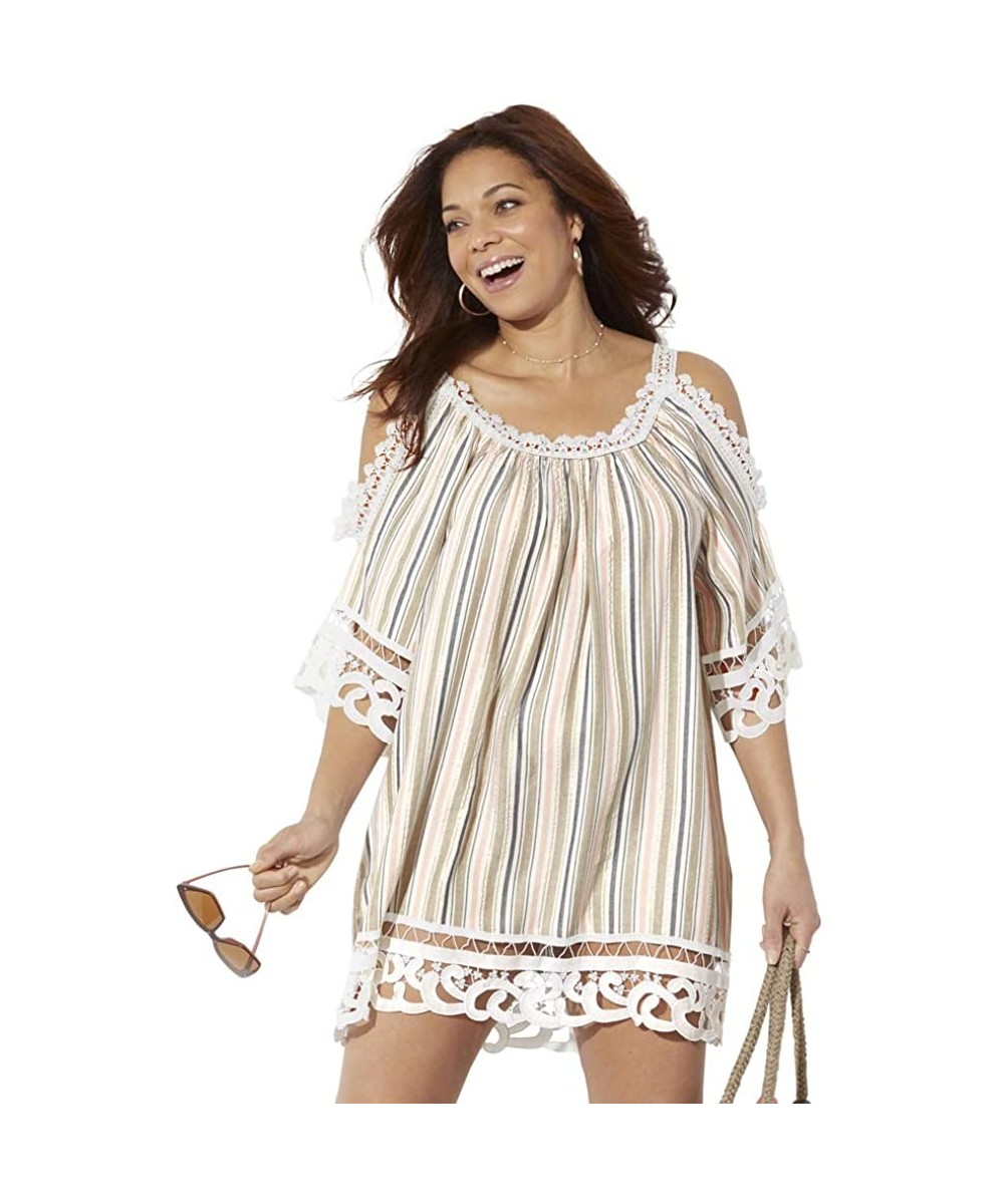 Cover-Ups Women's Plus Size Vera Crochet Cold Shoulder Cover Up Dress - Stripe - C6196XG325E