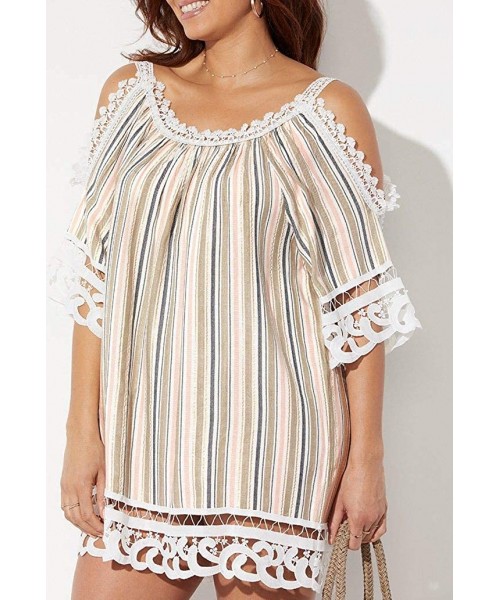 Cover-Ups Women's Plus Size Vera Crochet Cold Shoulder Cover Up Dress - Stripe - C6196XG325E