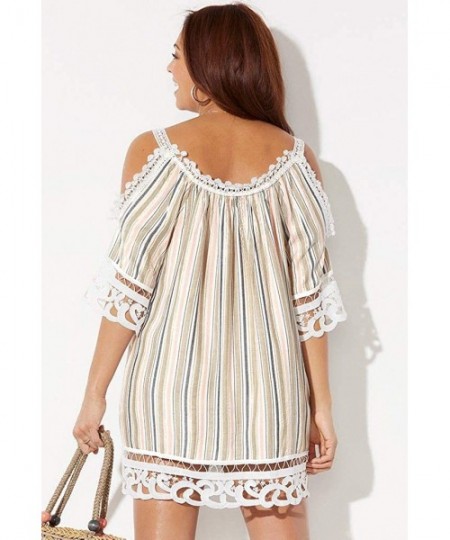 Cover-Ups Women's Plus Size Vera Crochet Cold Shoulder Cover Up Dress - Stripe - C6196XG325E